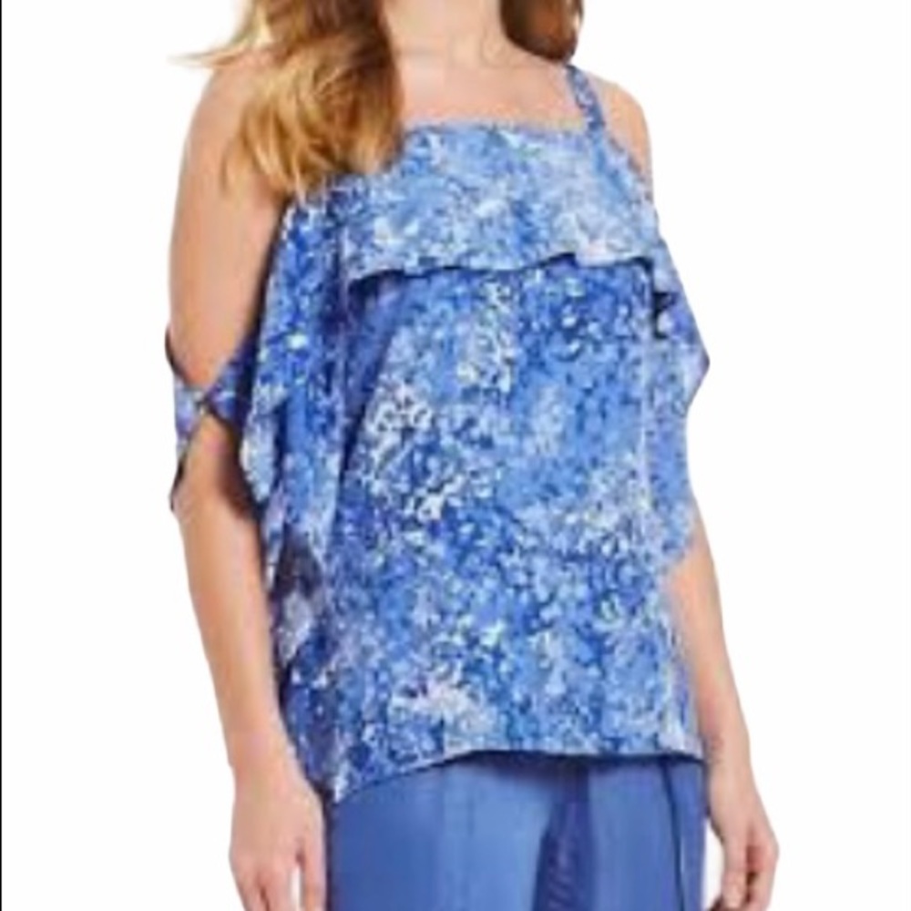 Halston Cold Shoulder Top Women’s Medium Blue Abstract Flounce Sleeve NWT
